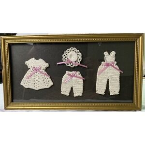 Vintage Framed Crochet Doll Clothes Wall Art Shadow Box Handmade Cottagecore